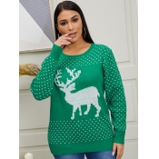 Lovely Christmas Day O Neck Print Green Sweater