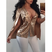 Lovely Sexy Deep V Neck Sequined Gold Coat