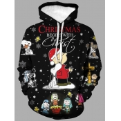 Lovely Men Stylish Hooded Collar Cartoon Print Bla
