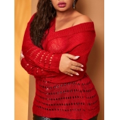Lovely Leisure V Neck Hollow-out Red Plus Size Swe