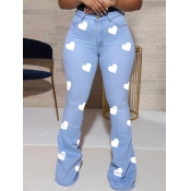 Lovely Stylish Heart Print Baby Blue Jeans