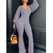 Lovely Casual U Neck Puffed Sleeves Grey One-piece