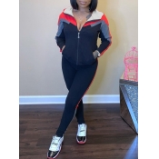 Lovely Sportswear Hooded Collar Patchwork Black Tw