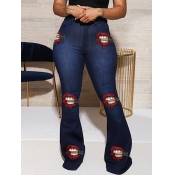Lovely Casual High-waisted Lip Print Blue Jeans