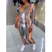 Lovely Casual V Neck Tie Dye Orange Ankle Length D