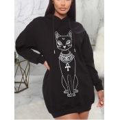 Lovely Casual Hooded Collar Dropped Shoulder Cat P