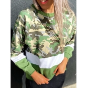 Lovely Street O Neck Patchwork Camo Print Hoodie