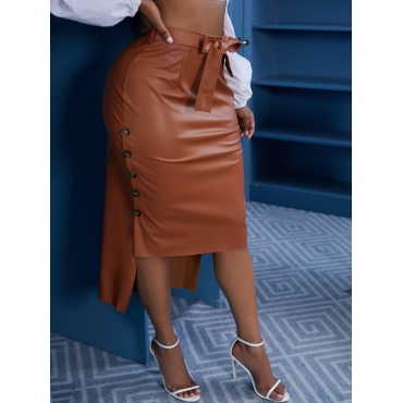 LW Trendy Buttons Design Brown Skirt