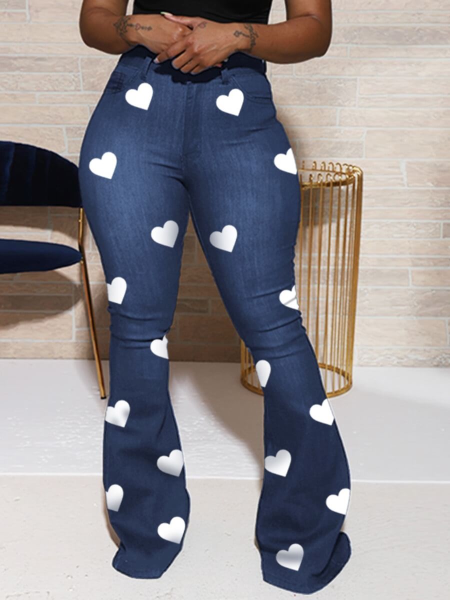 Lovely Stylish Heart Print Blue Jeans