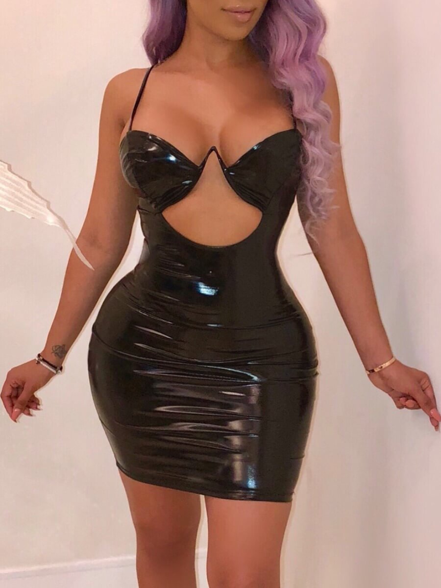 LovelyWholesale SXY Faux Leather Backless Cut Out Bodycon Dress Summer Sleeveless Sxy Cut Out Spaghetti Strap Spring Summer 2024