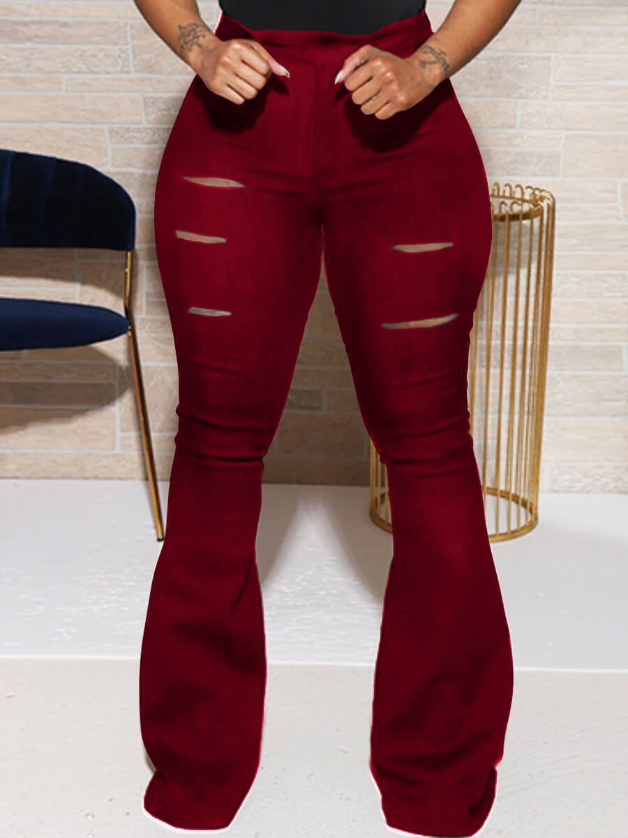 LovelyWholesale Plus Size High Waist Ripped Flared Pants Spring|Fall Street Ripped  4X Spring Summer 2024