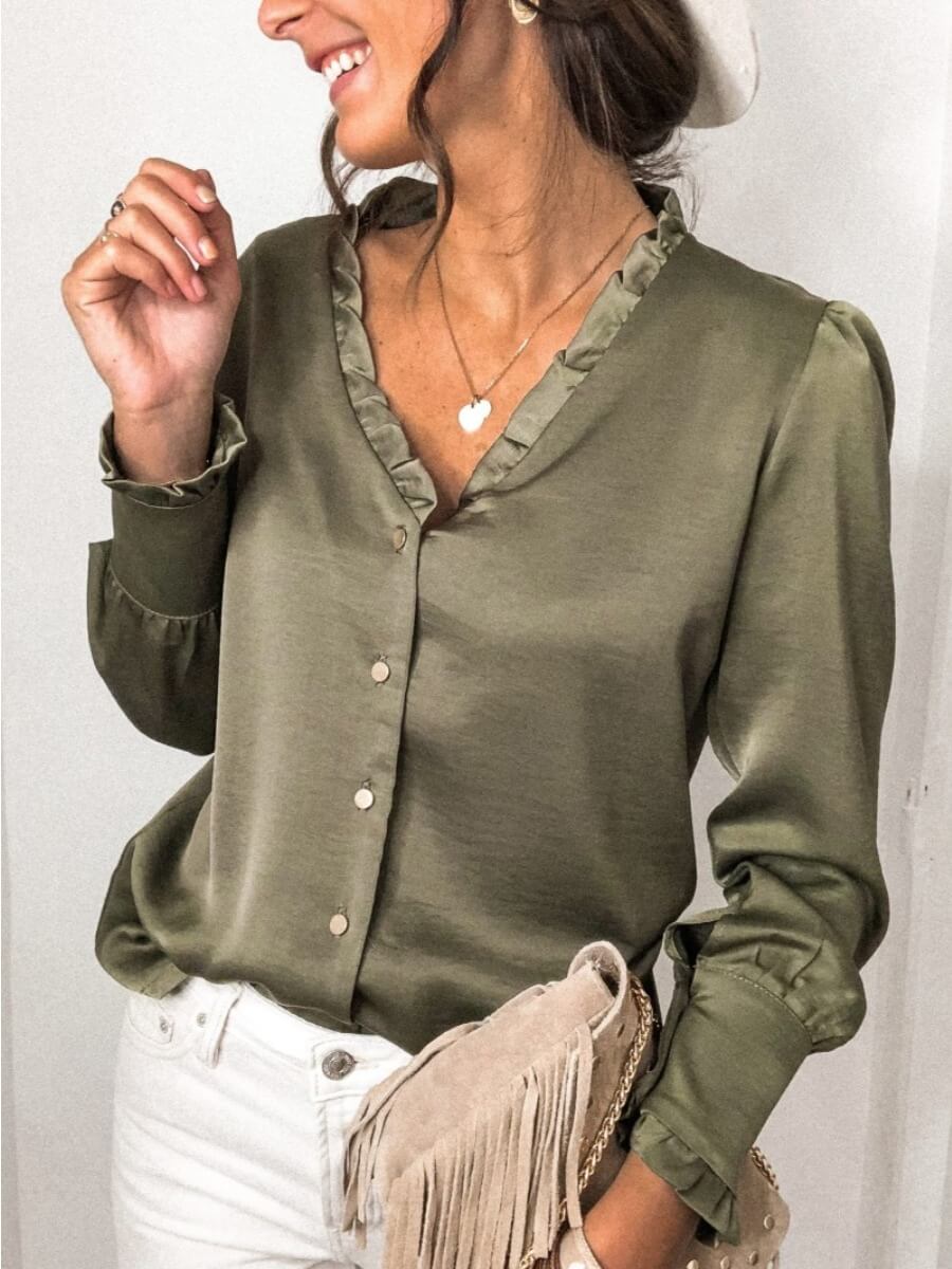 LW V Neck Ruffle Trim Blouse