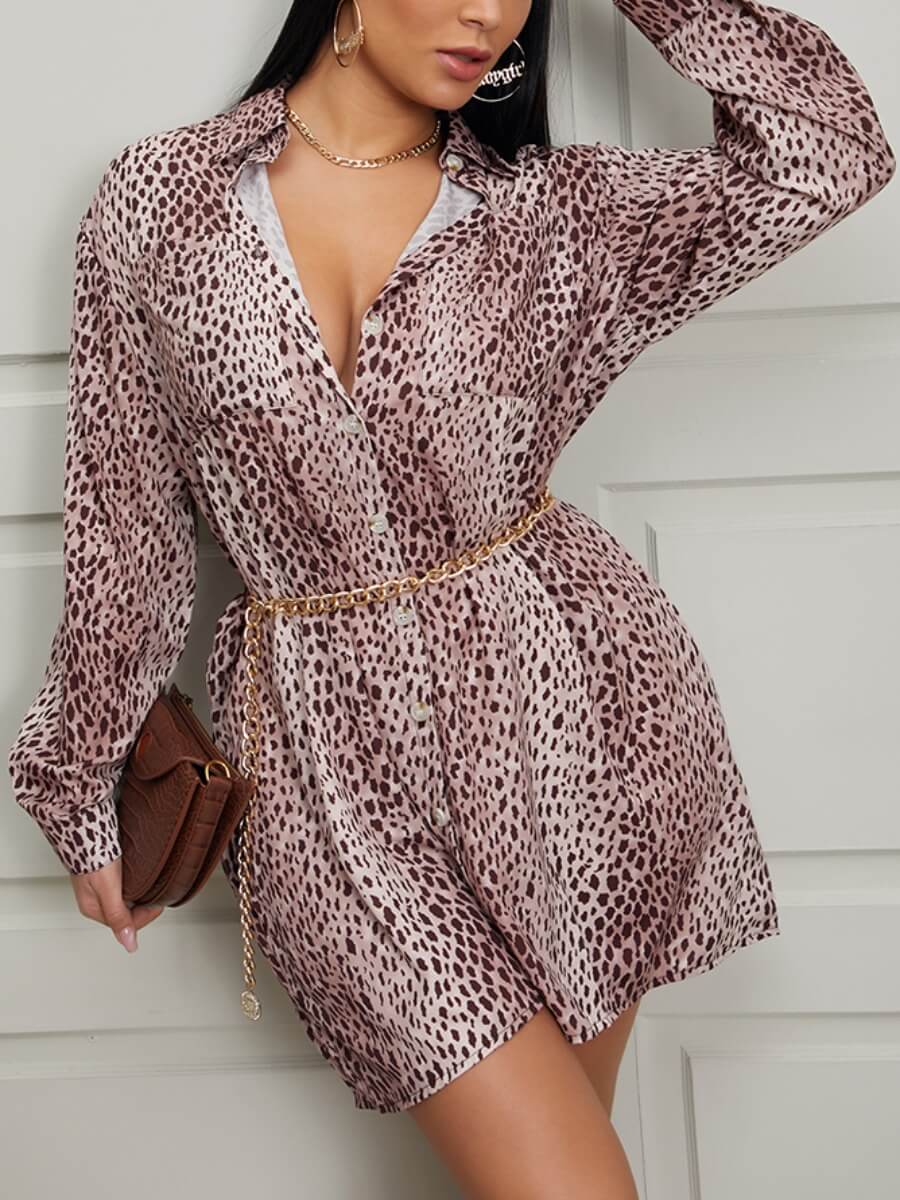LW Trendy Turndown Collar Print Coffee Mini Dress