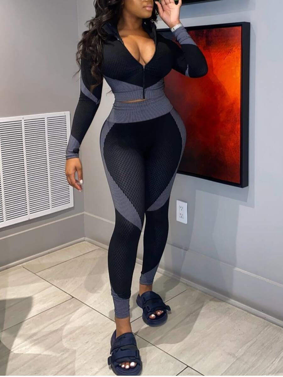 LW Zipper Design Patchwork Pants Set