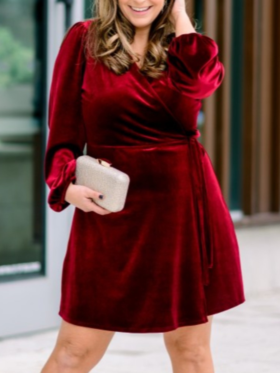 LW Plus Size Velvet V Neck Wrapped Dress