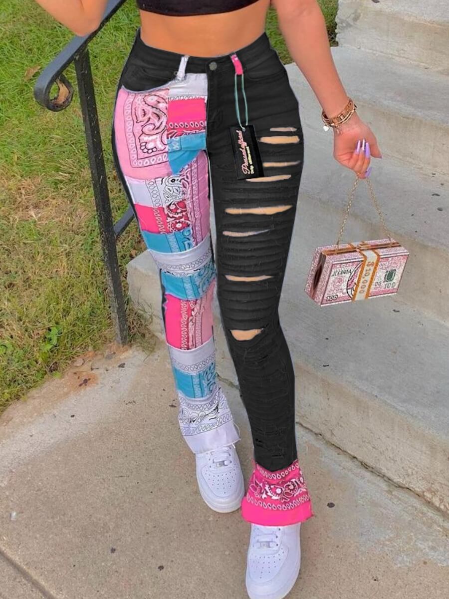LW Mixed Print Ripped Jeans