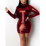 Lovely Stylish Turtleneck Sequined Red Mini Dress