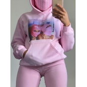 LW Leisure Hooded Collar Print Pink Hoodie