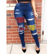 Lovely Casual Patchwork Skinny Deep Blue Jeans