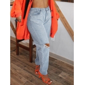 Lovely Plus Size Casual Hollow-out Baby Blue Jeans