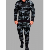 LW Men Trendy Hooded Collar Camo Print Grey Two-pi