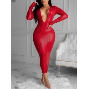 Lovely Sexy Deep V Neck Skinny Red Mid Calf Dress