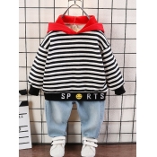 Lovely Trendy Hooded Collar Striped Black Boy Two-