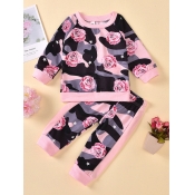 Lovely Casual O Neck Print Pink Girl Two-piece Pan
