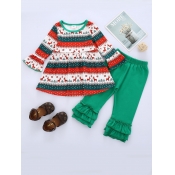 Lovely Sweet O Neck Print Green Girl Two-piece Pan