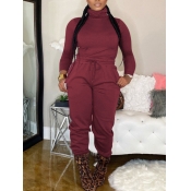 Lovely Casual Turtleneck Drawstring Wine Red Two P