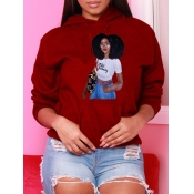 Lovely Casual Hooded Collar Print Red Hoodie