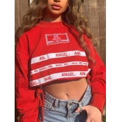 Lovely Casual Letter Print Crop Top Red Hoodie