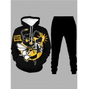 LW Men Hooded Collar Print Pants Set
