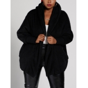 Lovely Trendy Hooded Collar Loose Black Plus Size 