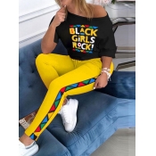 LW Casual Letter Print Patchwork Yellow Two Piece 