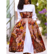 Lovely Bohemian O Neck Print Patchwork White Knee 