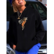 Lovely Casual Hooded Collar Print Black Hoodie