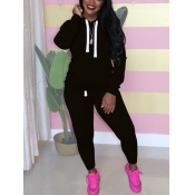 LW BASICS Casual Hooded Collar Kangaroo Pocket Bla