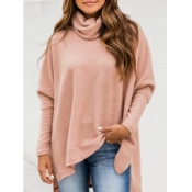 Lovely Casual Turtleneck Asymmetrical Loose Pink S