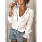 LW Stylish V Neck Lace Patchwork White Blouse