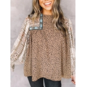 LW Chic O Neck Leopard Print Patchwork Light Camel