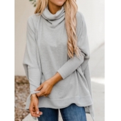 Lovely Casual Turtleneck Asymmetrical Loose Grey S