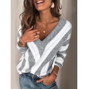 LW Chic V Neck Striped Patchwork Grey Sweater