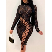 LW SXY Bandage Hollow-out Design Black Knee Length