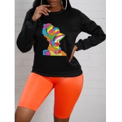Lovely Casual O Neck Cartoon Print Black Hoodie