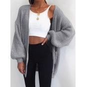 Lovely Casual Pocket Design Loose Grey Cardigan