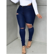 Lovely Casual Hollow-out Deep Blue Plus Size Jeans