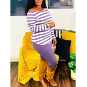 Lovely Casual Boat Neck Striped Purple Two Piece P