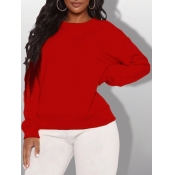 Lovely Casual O Neck Long Sleeve Red Plus Size Hoo