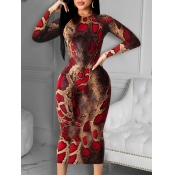 Lovely Casual O Neck Snake Print Red Mid Calf Dres